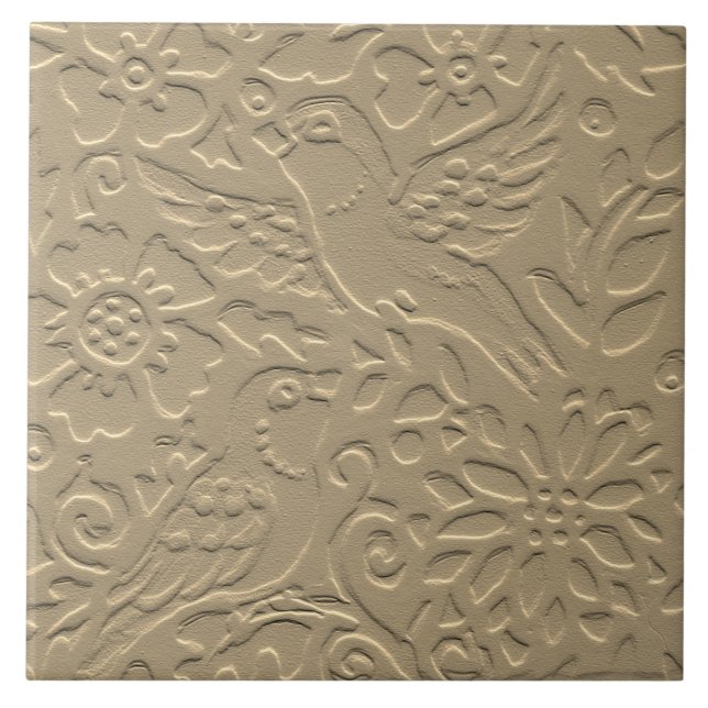 Bird Tan Clay Flowers Embossed Art+Nouveau Nature Kakelplatta (Framsidan)