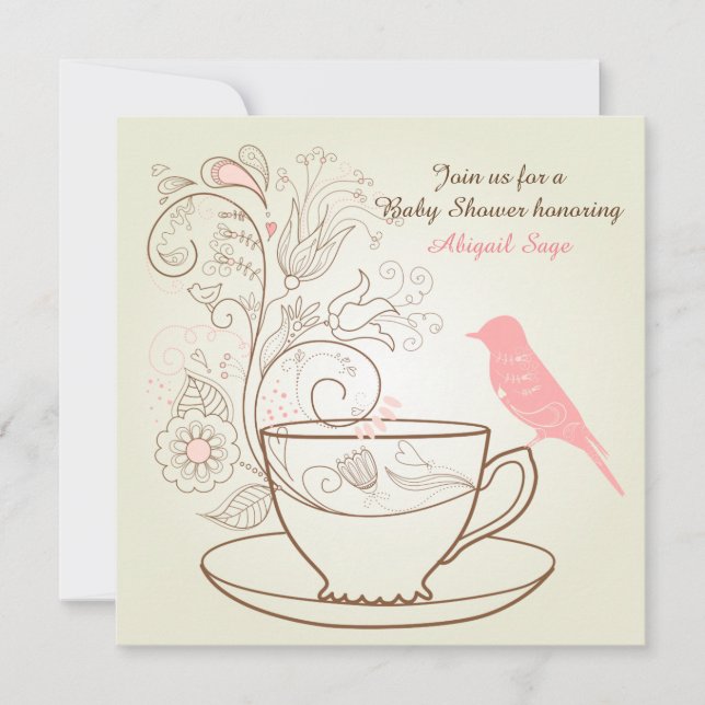 Bird, Tekopp, Blommor Baby Shower Inbjudan ~ Girls (Framsida)