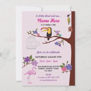 Bird Tucan GirI Birthday Rosa Twillingar Inbjudan