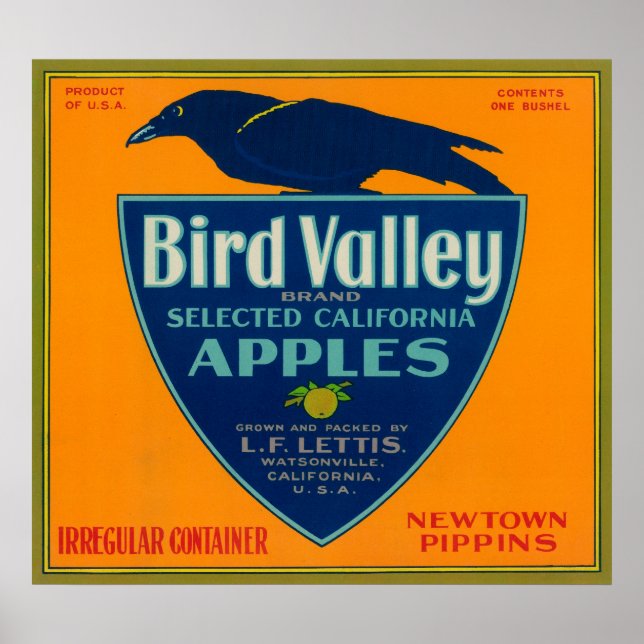 Bird Valley Apple Låda LabelWatsonville, CA Poster (Framsidan)