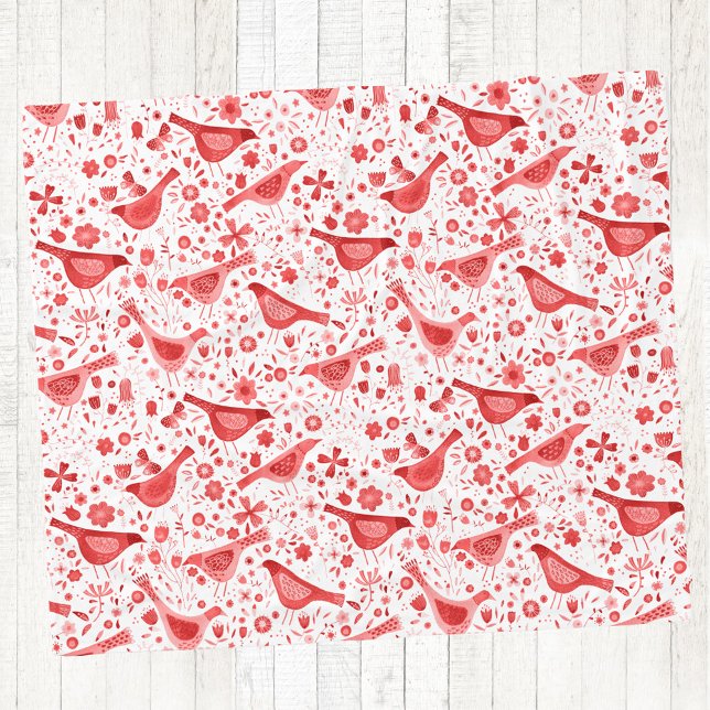 Bird Watercolor Red Fleecefilt (Red and white watercolor bird pattern art fleece blanket)