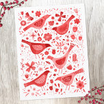 Bird Watercolor Red Helg Vykort<br><div class="desc">Festila röda vattenfärgfåglar och blommor på vit bakgrund. Originalkonst av Nic Squirrell.</div>