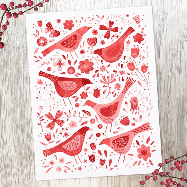 Bird Watercolor Red Helg Vykort (Red and white watercolor bird holiday postcard)