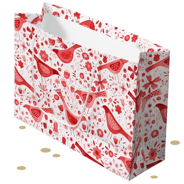 Bird Watercolor Red-Helgdagar Jul (Festive red and white watercolor bird pattern gift bag)