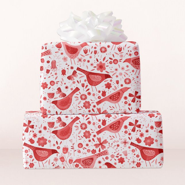 Bird Watercolor Red-Helgdagar Jul Presentpapper (Pretty red and white watercolor bird and flower art gift wrapping paper)