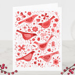Bird Watercolor Red Helgkort<br><div class="desc">Festila röda vattenfärgfåglar och blommor på vit bakgrund. Du kan ändra hälsning och namn inuti för att anpassa dig. Originalkonst av Nic Squirrell.</div>