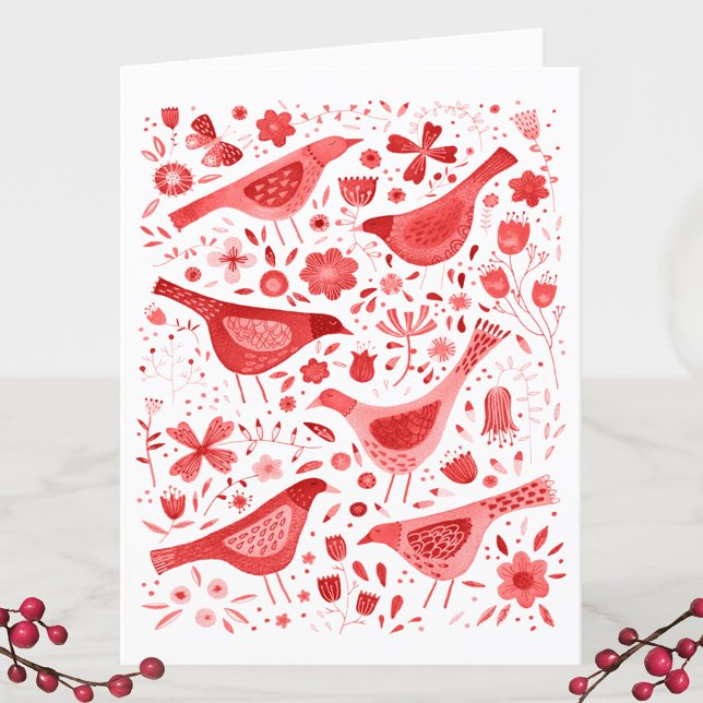 Bird Watercolor Red Helgkort (Watercolor birds and flowers red and white holiday card)