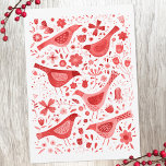 Bird Watercolor Red Julkort<br><div class="desc">Festila röda vattenfärgfåglar och blommor på vit bakgrund. På baksidan kan du ändra hälsning och namn till personlighet. Originalkonst av Nic Squirrell.</div>