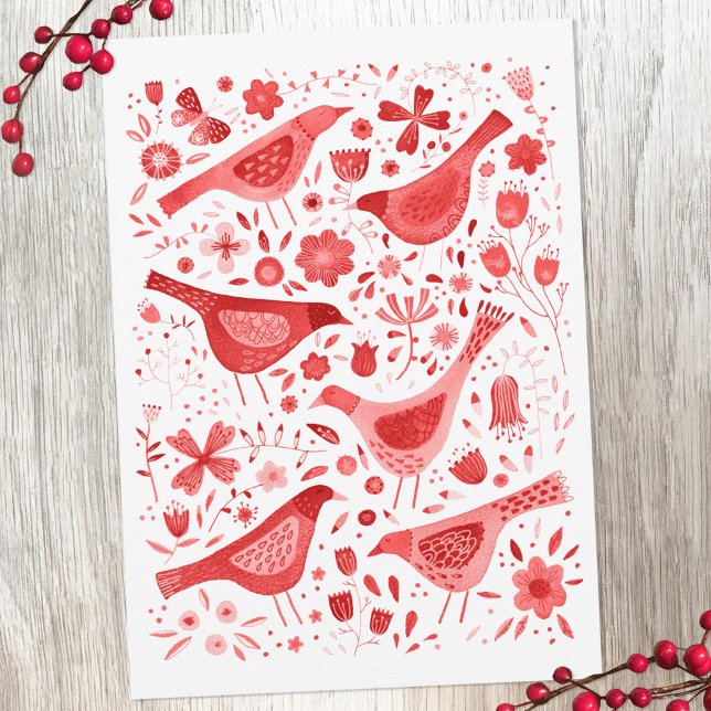 Bird Watercolor Red Julkort (Watercolor bird and flower red and white holiday card)