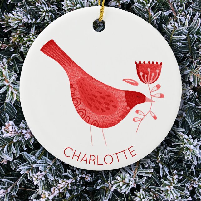 Bird Watercolor Red Personlig Julgransprydnad Keramik (Red watercolor bird personalized custom name Christmas ornament)