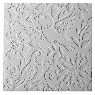 Bird White Grått Black Embossed Woodland Animal Kakelplatta