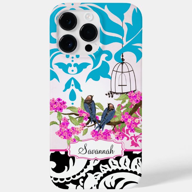 Birdcage Love Bird Rosa Aqua Damask iphone case (Baksida)
