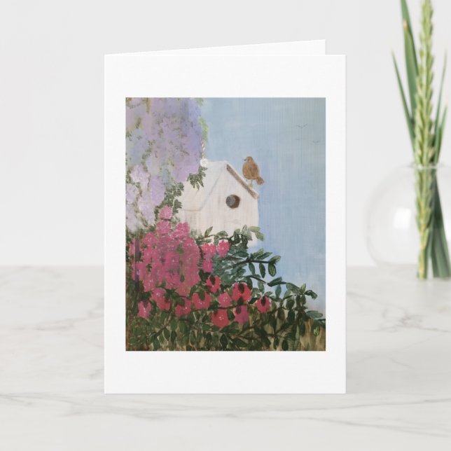 Birdhouse and Flowers Painting Blank Inside Kort (Framsida)
