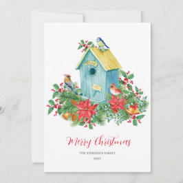 Birdhouse Birds Winter Watercolor jul Tack Kort