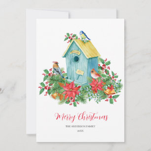 Birdhouse Birds Winter Watercolor jul Tack Kort