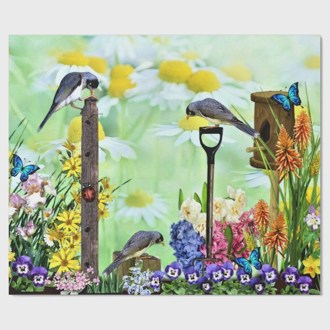 Birdhouse-Blomsterträdgård Presentpapper (Platt)