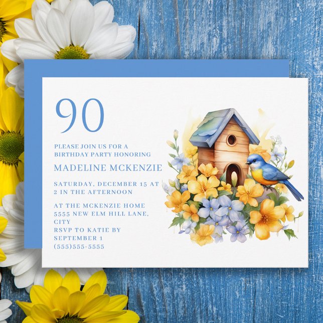 Birdhouse Blue Gula blommor 90:e födelsedag Inbjudningar (Yellow and blue flowers, bird and birdhouse 90th birthday party invitation)
