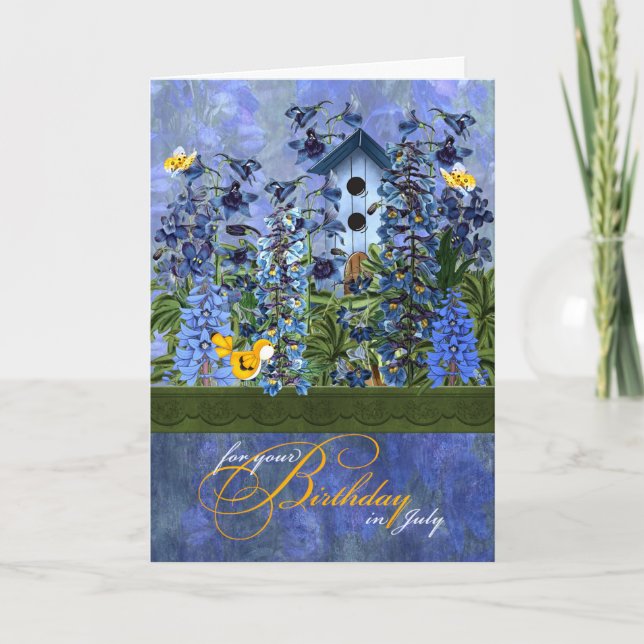 Birdhouse i Larkspur Garden i juli Birthday Kort (Framsida)