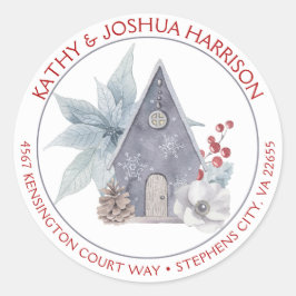 Birdhouse Poinsettias Berries Returadress | Runt Klistermärke