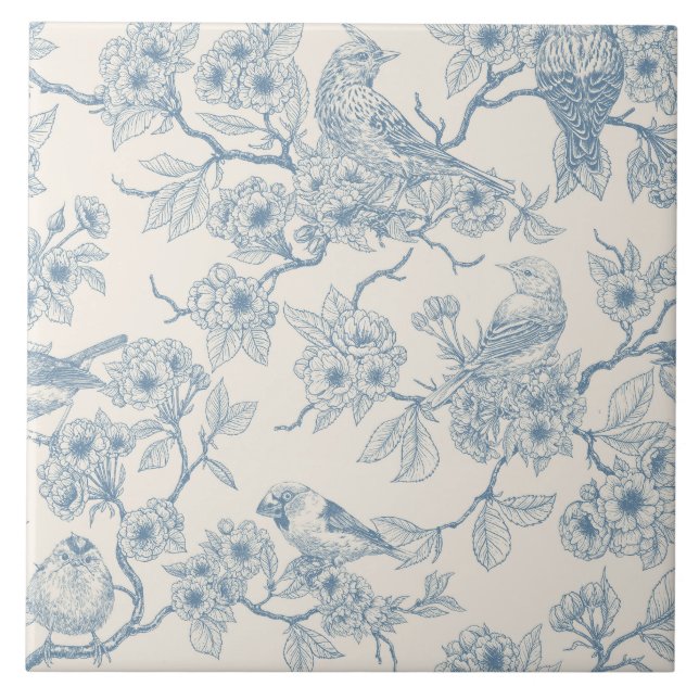 Birds and cherry blossom in blue and off white kakelplatta (Framsidan)