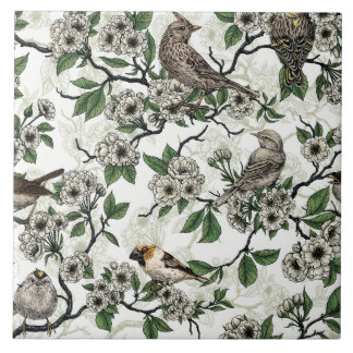 Birds and cherry blossom on white kakelplatta