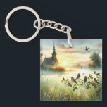 Birds and Church Sunrise Meadow<br><div class="desc">A peaceful moment unfolds in this sunrise church scene, where soft golden light spills across a misty morning meadow and a quiet chapel rises through the haze. Birds on branches gather in stillness, their delicate forms basking in the warmth of dawn. The watercolor landscape art style enhances the natural textures...</div>