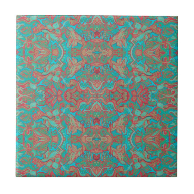 Birds Arabesque Bohemian Boho Turcos Red Grönt Kakelplatta (Framsidan)