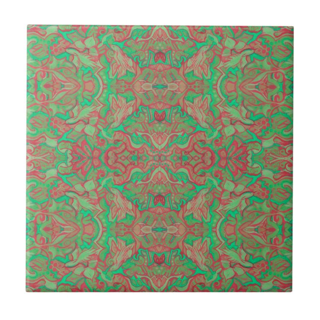 Birds Arabesque Oriental Bohemian Boho Red Grönt Kakelplatta (Framsidan)