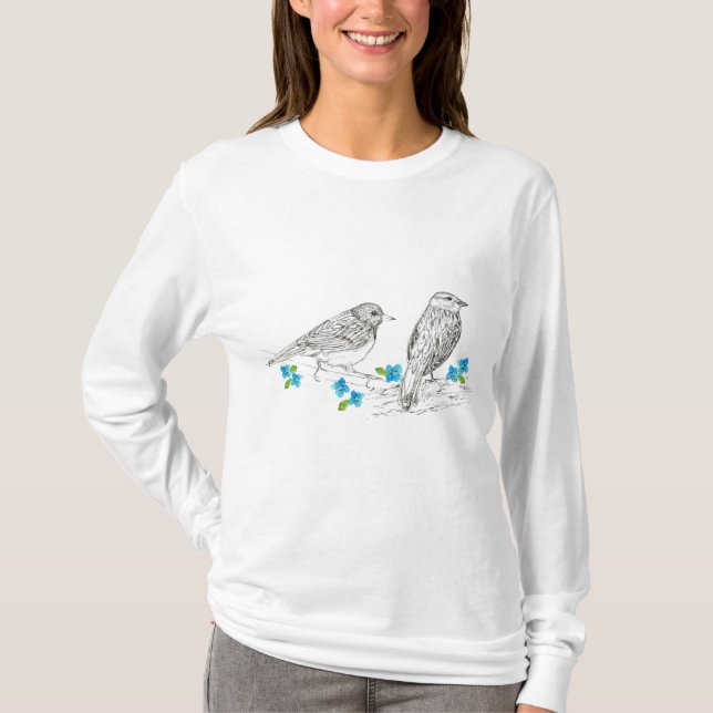 Birds Blåa blommor Nature Teckning T-Shirt (Framsida)