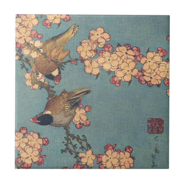 Birds Flowers Hokusai Japansk Art Kakelplatta (Framsidan)