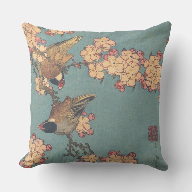 Birds Flowers Hokusai Japansk Art Kudde (Framsida)