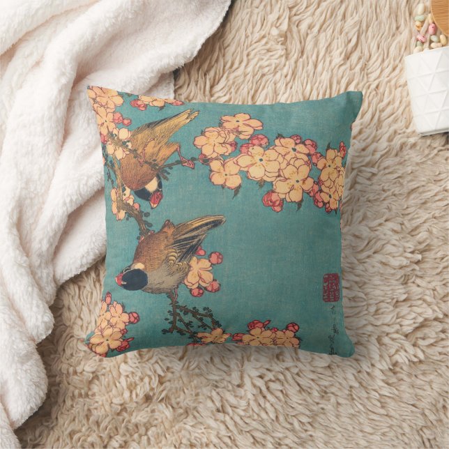 Birds Flowers Hokusai Japansk Art Kudde (Filt)