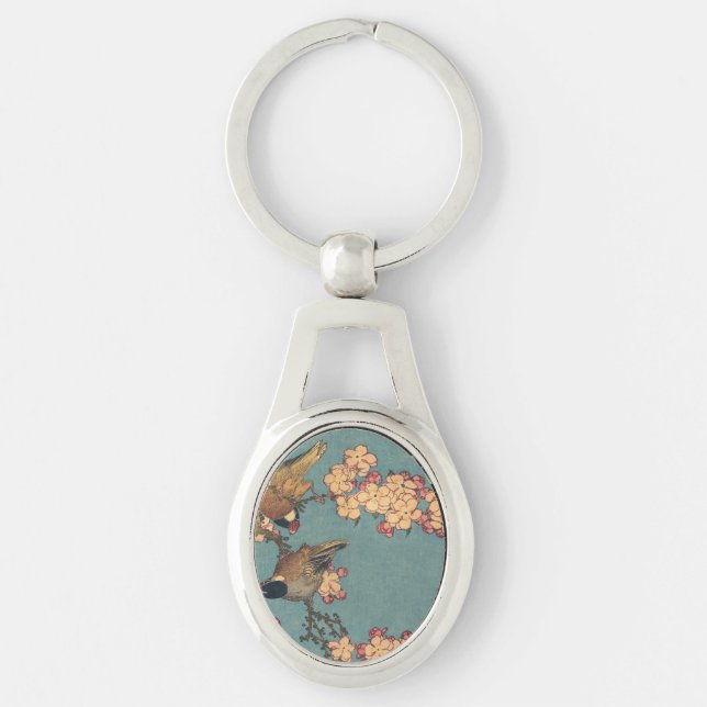 Birds Flowers Hokusai Japansk Art Ovalt Silverfärgad Nyckelring (Framsidan)