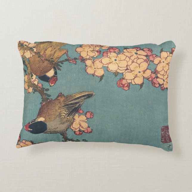 Birds Flowers Hokusai Japansk Art Prydnadskudde (Baksidan)