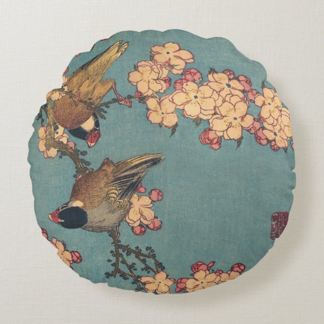 Birds Flowers Hokusai Japansk Art Rund Kudde (Framsidan)