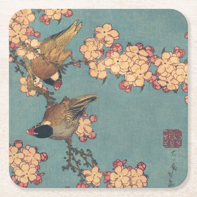 Birds Flowers Hokusai Japansk Art Underlägg Papper Kvadrat (Framsidan)