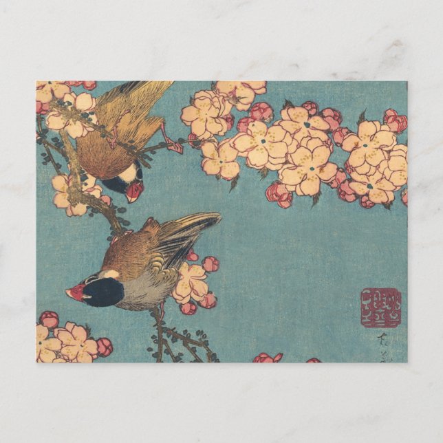 Birds Flowers Hokusai Japansk Art Vykort (Framsida)