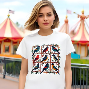 Birds Folk Art - 3x3 Bird Älskare Earthy & Rustic T Shirt