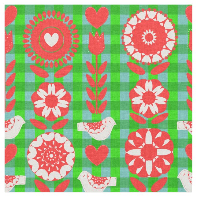 Birds Folk Söt Blommönster Fabric Tyg (Närbild)