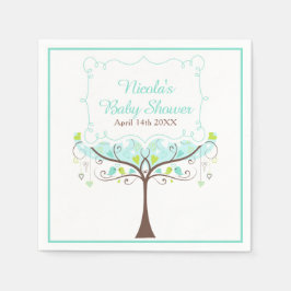 Birds Hearts Tree Blue and Green Baby Shower Pappersservett