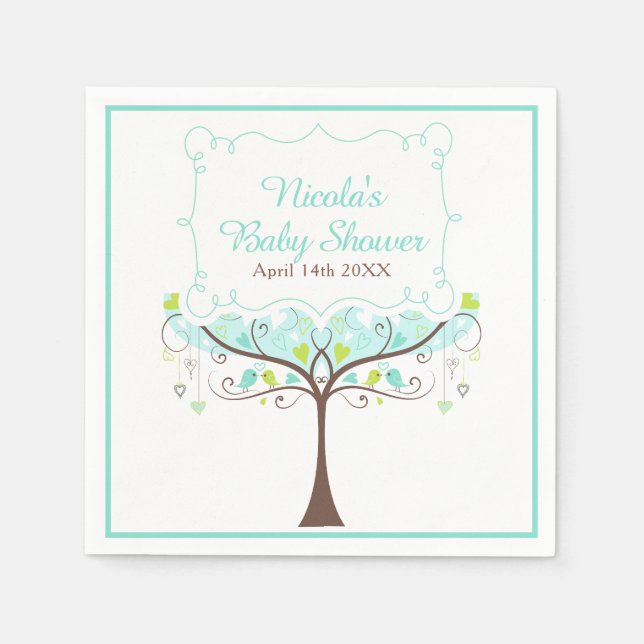 Birds Hearts Tree Blue and Green Baby Shower Pappersservett (Framsidan)