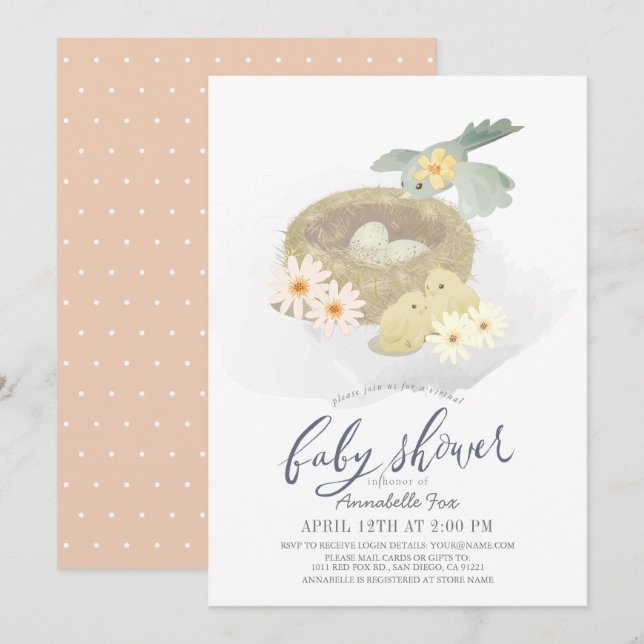 Birds Nest Blommigt Girl Virtuell Baby Shower Inbjudningar (Fram/baksida)