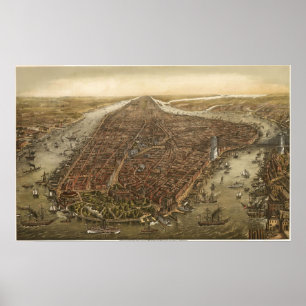 Birds Öga Karta i Manhattan New York City, 1873 Poster