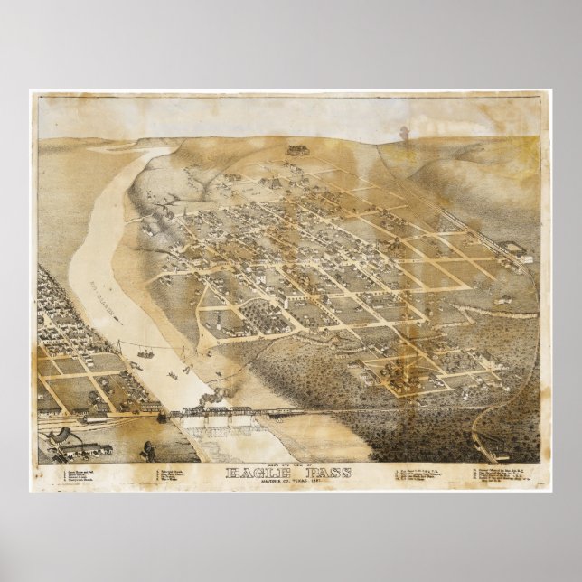 Birds Öga View Karta av Eagle Pass Texas 1887 Poster (Framsidan)