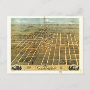Birds Öga View of Champaign Illinois (1869) Vykort