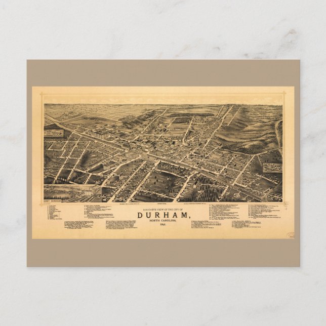 Birds-öga view of Durham, North Carolina (1891) Vykort (Framsida)