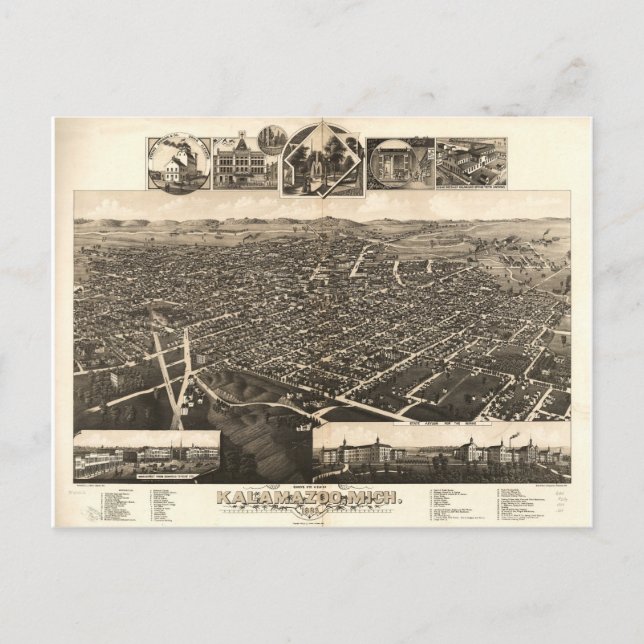 Birds Öga View of Kalamazoo, Michigan (1883) Vykort (Framsida)