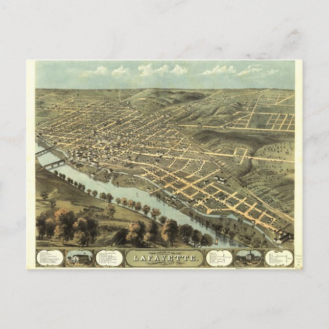 Birds Öga View of Lafayette, Indiana (1868) Vykort (Framsida)
