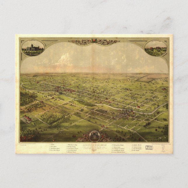 Birds Öga View of Lansing, Michigan (1866) Vykort (Framsida)