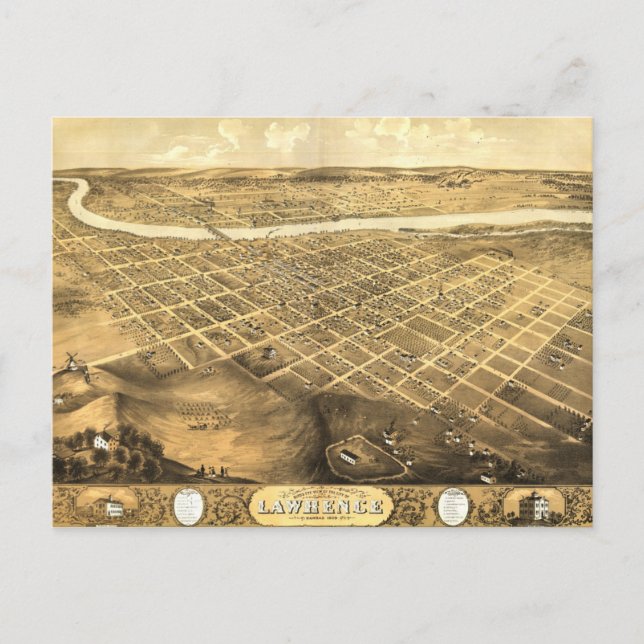 Birds Öga View of Lawrence, Kansas (1869) Vykort (Framsida)